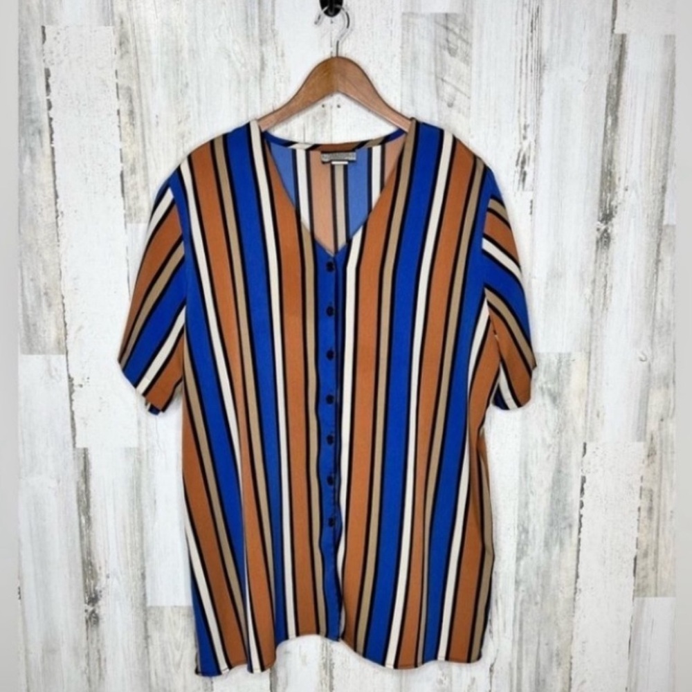 Notations Women's Plus Size Striped Short Sleeve Button Front Top Orange Size 2X